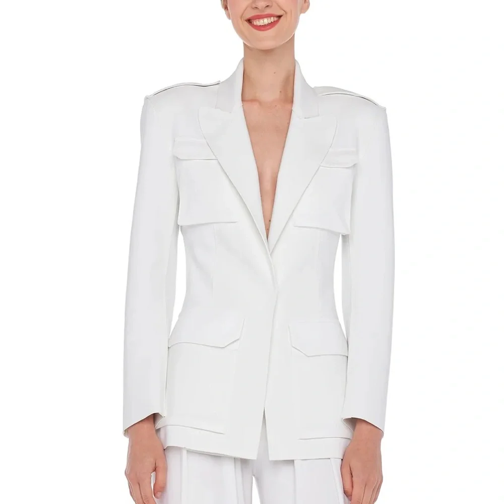 Norma Kamali Single Breasted Scuba Cargo Blazer, white, size S - Picture 9 of 15